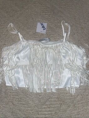 White Rhinestone Fringe Satin Crop Top SzM
